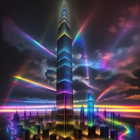 a large skyscraper with a rainbow light in the middle of it