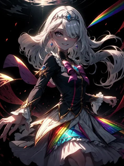 a woman in a dress with a rainbow on her head