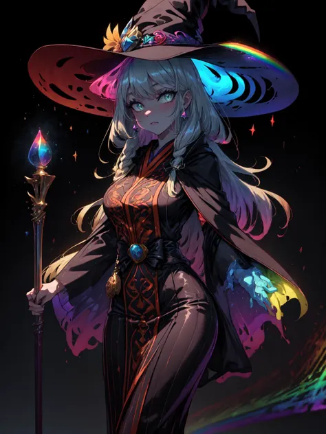 a woman in a witch costume holding a wand and a hat