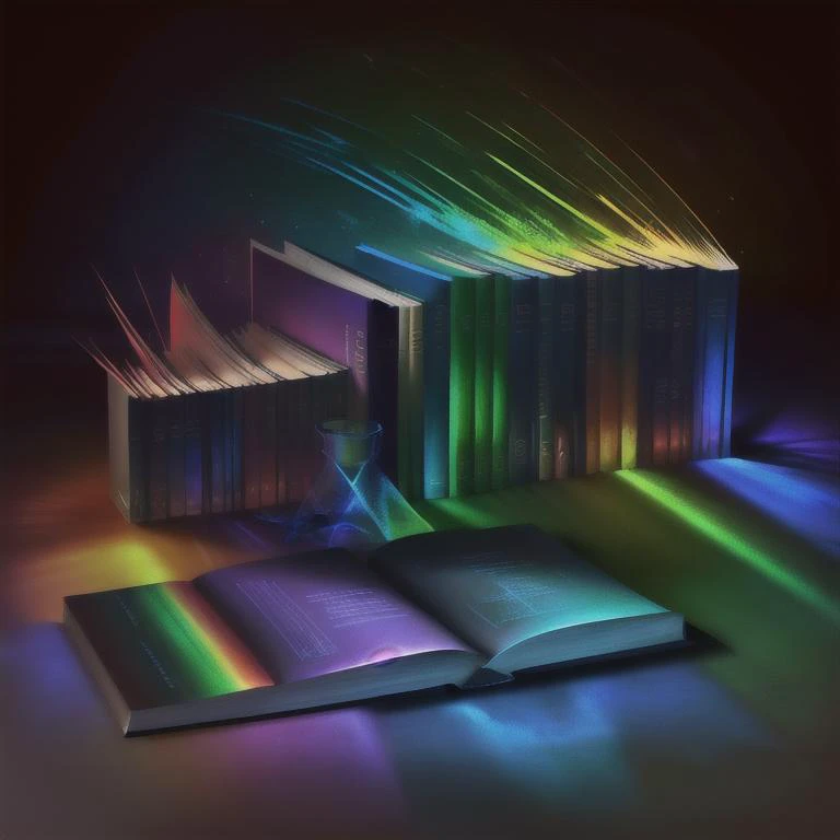 a close up of a book with a rainbow light coming out of it