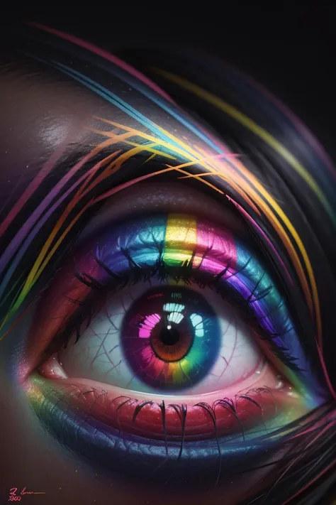 a close up of a woman's eye with a rainbow colored iris