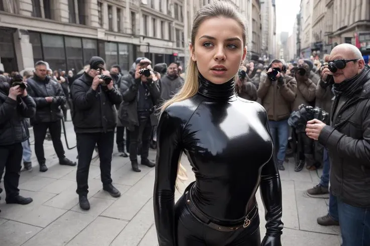 arafed woman in a latex outfit standing in front of a crowd