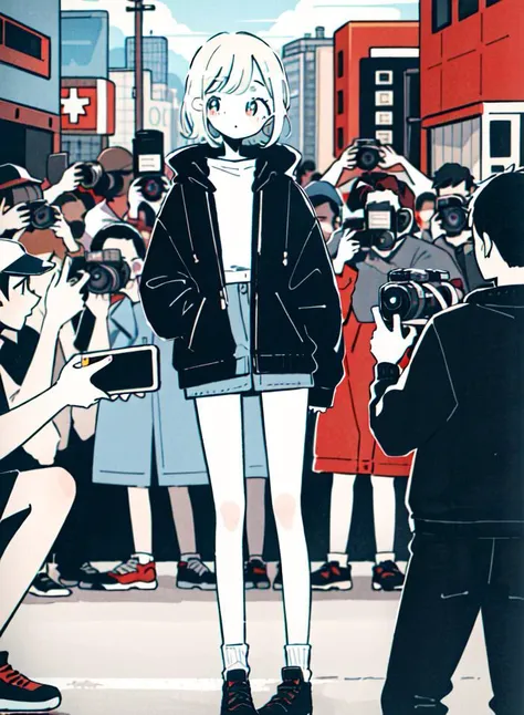 anime - style illustration of a woman standing in front of a crowd of people