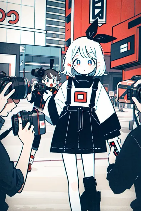 anime - style picture of a woman in a black and white dress and a camera