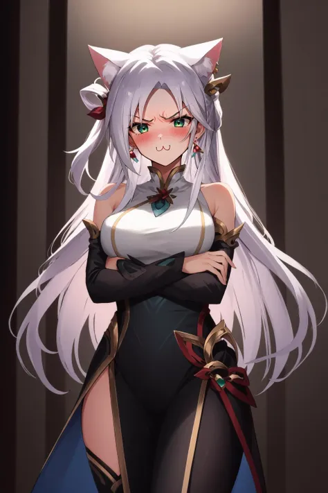 a woman with long white hair and a cat ears is standing in a dark room