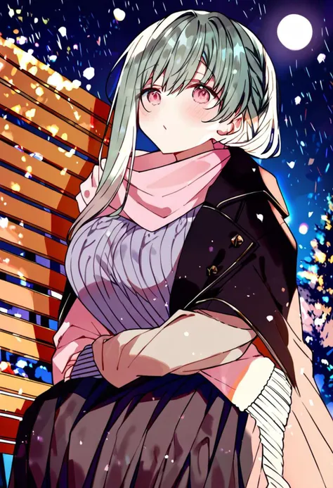 anime girl sitting on a bench in the snow at night