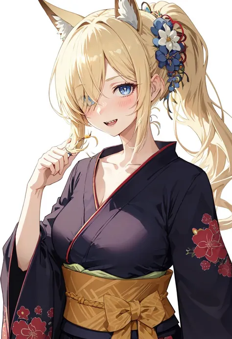 best quality, masterpiece, highres, solo, (kanna_bluearchive:1.10), 1girl, hair flower, looking at viewer, blush, obi, long sleeves, ponytail, wide sleeves, alternate costume, floral print, yukata, smile, black kimono, holding, open mouth, sharp teeth, col...