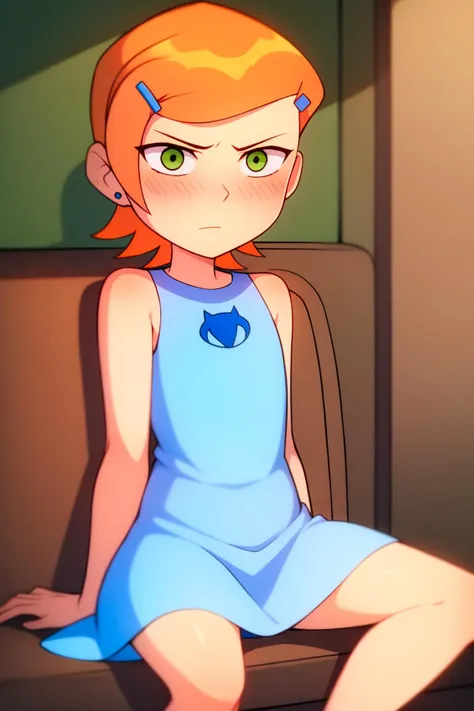 a cartoon girl sitting on a couch with a blue dress