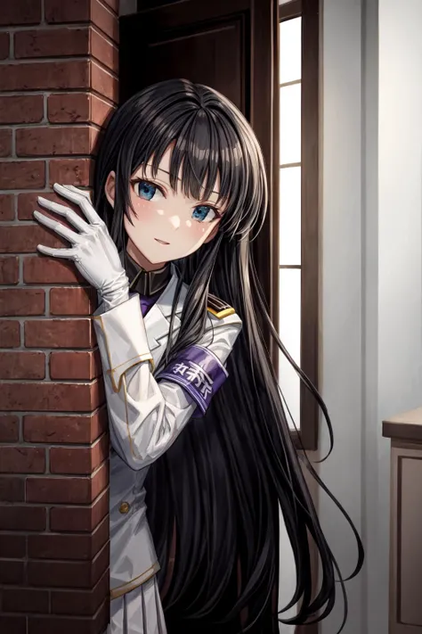 anime girl leaning against brick wall with long black hair