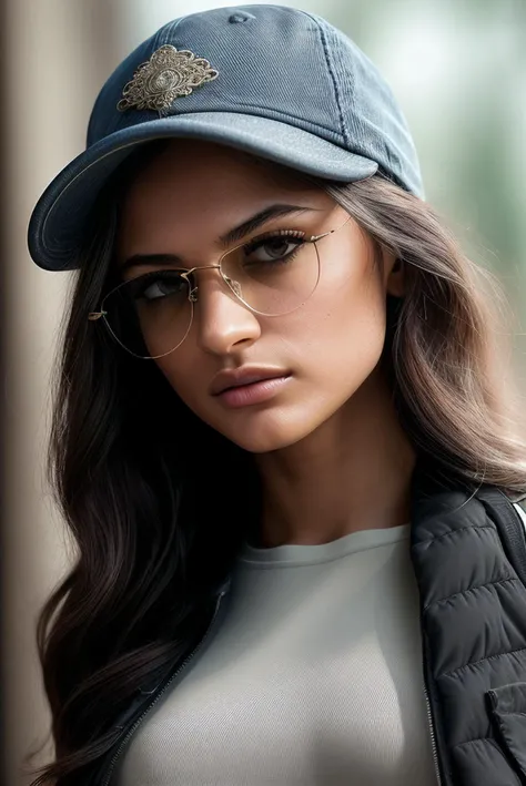 beautiful woman (EPT4v1G4ndh1:.99), perfect hair, jewellery, ((portrait)), (closeup:1.2), ((from the waist up)), (((  classroom[::1] :1.2 ))), natural skin texture,  ((  Denim baseball cap, sporty square sunglasses, packable down vest, nylon-spandex hiking...