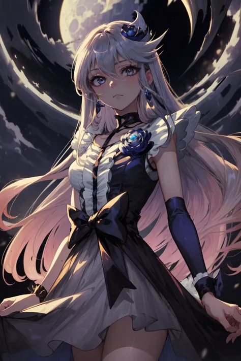 masterpiece,best quality,1girl,cure moonlight,sidelocks,hair ornament,blue rose,wrist cuffs,ribbon,long dress,(single elbow glove),eyelashes,(half-closed eyes:0.9),expressionless,night,moon,moonlight,cowboy shot,<lora:locon_cure_moonlight_2:0.9>,