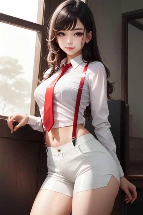 1girl, masterpiece, intricate, detailed, extreme details, highres, 
butterfly, slight smile, 
shiny clothes, shiny, shiny skin, shiny hair, 
pants suspenders, white shirt, latex shorts, (red tie:1.4)