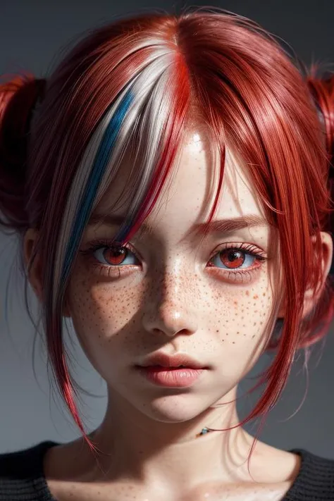 a portrait of a girl with freckles with red eyes, multi-colored hair, red meshes, 
<lora:more_details:0.85>