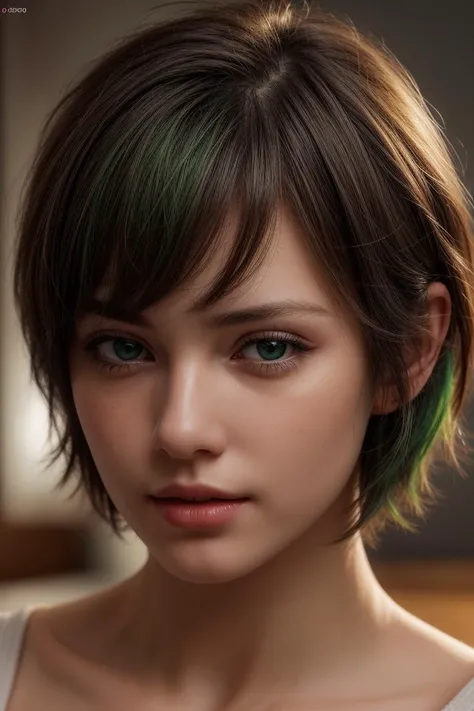 (Compressed Photo:1.3) of (Ultrarealistic:1.3) A photo of a girl, short hair, green hair, <lora:more_details:0.8>,Highly Detailed,(Warm Colors:1.3),(close portrait:1.3),(Feminine:1.4),(beautiful:1.4),(attractive:1.3),handsome,calendar pose,perfectly detail...