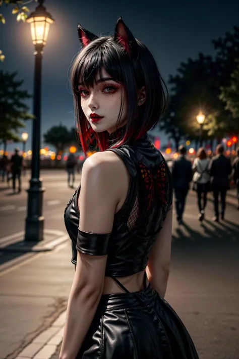 a girl at a park on a date at night with street lights,
blurry background, 
cat ears, 
black makeup, 
(black skirt, fishnets:1.2), 
closeup, face, detailed eyes, eyes, extreme details, intricate,
red hair, black hair, short hair, bob cut, messy hair, 
red ...