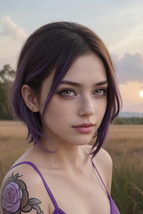 (Feminine Painting:1.3) of (Graphic novel:1.3) A photo of a girl, light freckles, blur background, detailed eyes))), (purple eyes:1.4), sunset lighting, freckles, slight smile, clouds, (purple hair:1.3), tattoos,(Muted Colors:1.3),naturalism,land Art,regio...