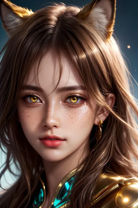 closeup, face, detailed eyes,
glow, special effects, lighting, volumetric lighting, 
(freckles, top, messy hair:1.1), (gold eyes:1.2), 
cinematic, masterpiece, detailed, extreme details, extreme res, lighting,
1girl, animal ears, shiny hair, shiny, shiny s...