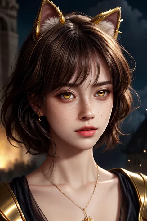 closeup, face, detailed eyes,
glow, special effects, lighting, volumetric lighting, 
(freckles, top, messy hair:1.1), (gold eyes:1.2), 
short hair, 
beautiful woman, majesty, castle, blurry background, 
clouds, sparkles, particles, 
fantasy, illustration, ...