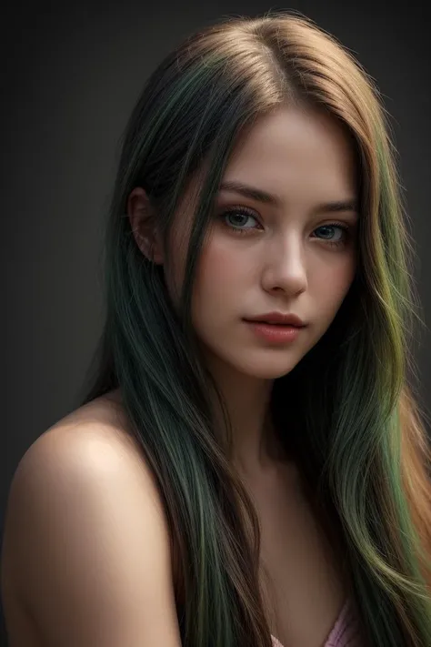 (Visionary Photo:1.3) of (Ultrarealistic:1.3) A photo of a girl, long hair, green hair, <lora:more_details:0.8>,Highly Detailed,(Warm Colors:1.3),(close portrait:1.3),(Feminine:1.4),(beautiful:1.4),(attractive:1.3),handsome,calendar pose,perfectly detailed...