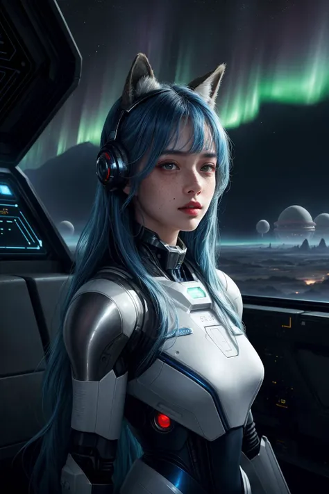 cowboy shot, 
glow, special effects, lighting, volumetric lighting, 
(freckles, top, messy hair:1.1),
(blue hair:1.2), 
warrior, looking to the side, 
long hair,
mecha, cyborg, android, space suit,
stars, starry sky,
(space ship, alien ship:1.2),
(alien:1....