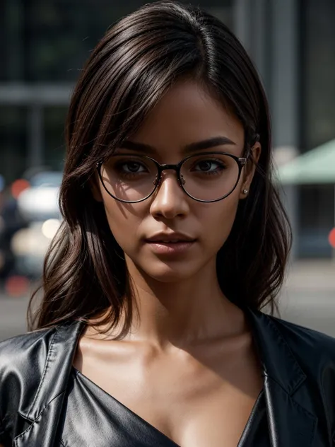 a woman wearing glasses and a black leather jacket