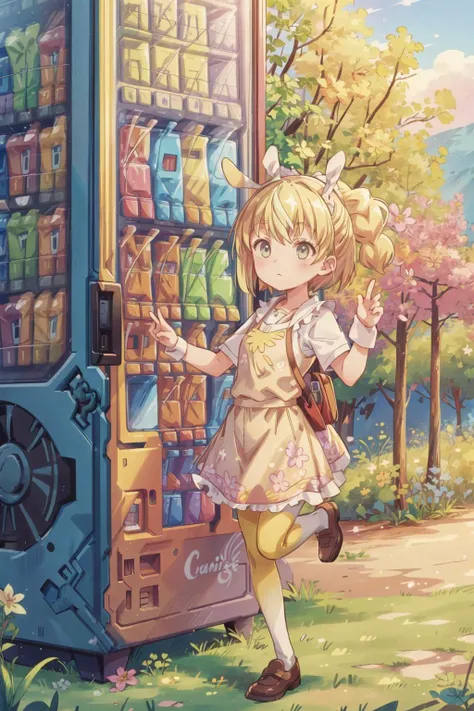 Lammis, Beige lycra outfit, Ruby tights, with flowers, Hand on chin pose, jumping, blonde hair ponny tail, valley background (with an vending machine:1.3), doodle art <lora:add_detail:0.8> <lora:TUYA5:0.5>  <lora:Lammis:0.7>