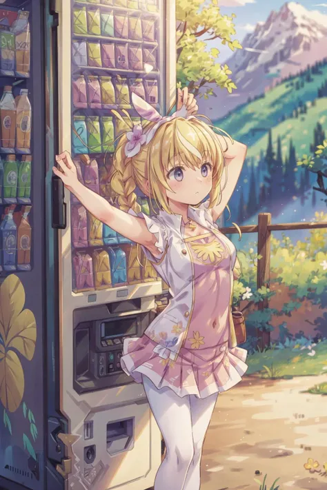 Lammis, Ivory blurred outfit, Plum tights, with flowers, Arms above head pose, tabledancing, blonde hair ponny tail, valley background (with an vending machine:1.3), doodle art <lora:add_detail:0.8> <lora:TUYA5:0.5>  <lora:Lammis:0.7>