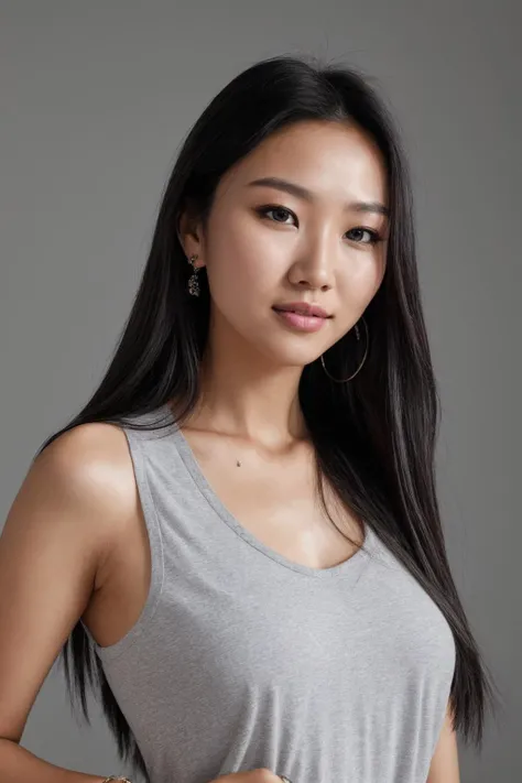 photorealistic photo of mlnhe, a woman, grey sleeveless shirt, simple background, realistic, (masterpiece:1.1), (best quality:1.1), beautiful, (intricate details), unity 8k wallpaper, ultra detailed, aesthetic, perfect lighting,  <lora:mlnhe-000004:0.8>