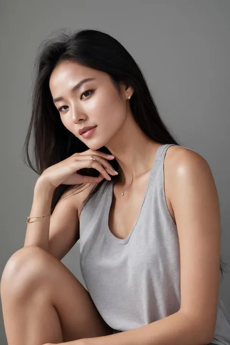 photorealistic photo of mlnhe, a woman, grey sleeveless shirt, simple background, realistic, (masterpiece:1.1), (best quality:1.1), beautiful, (intricate details), unity 8k wallpaper, ultra detailed, aesthetic, perfect lighting,  <lora:mlnhe-000004:0.8>