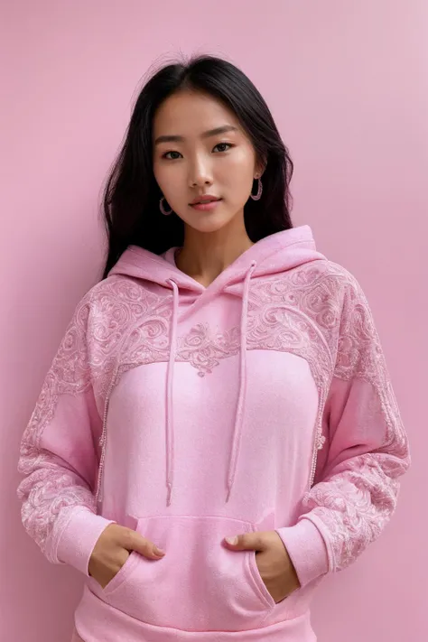 photorealistic photo of mlnhe, a woman, pink hoodie, simple background, realistic, (masterpiece:1.1), (best quality:1.1), beautiful, (intricate details), unity 8k wallpaper, ultra detailed, aesthetic, perfect lighting,  <lora:mlnhe-000004:0.8>