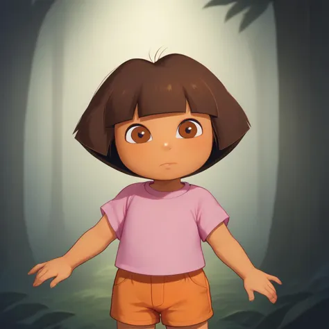 score_7_up, break,  1girl, solo, dora, short hair, brown hair, brown eyes, tan, pink shirt, orange shorts, <lora:doratheexplorer...