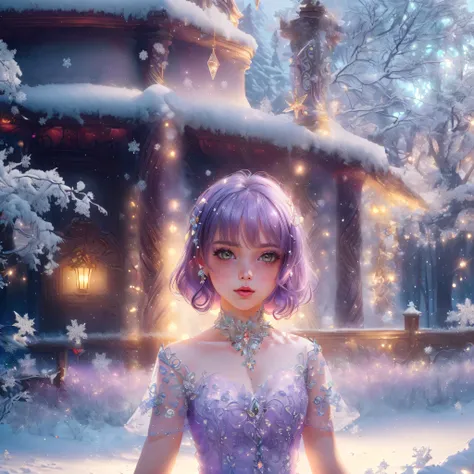 a woman in a purple dress standing in the snow