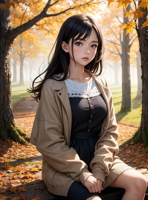 anime girl sitting on a bench in a park with trees