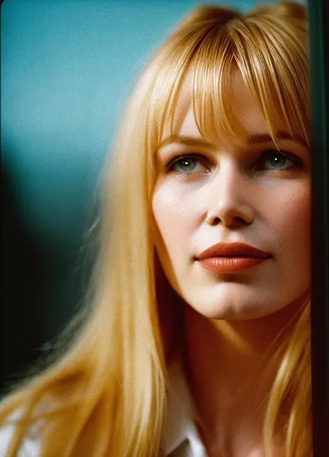 blond woman with long hair looking out of window in blue room