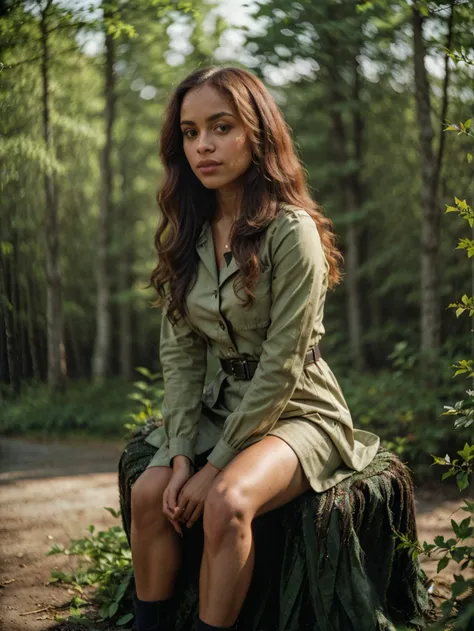 professional digital photo,  tv_Akua_MXAI, (((Ultra-HD-details, Ultra-HD-detailed, Ultra-HD-realistic))), ,  , calm expression, wearing a colorful sundress, sitting on a log at a misty forest pond, golden hour, shot from the side,, 8k resolution, highres, ...