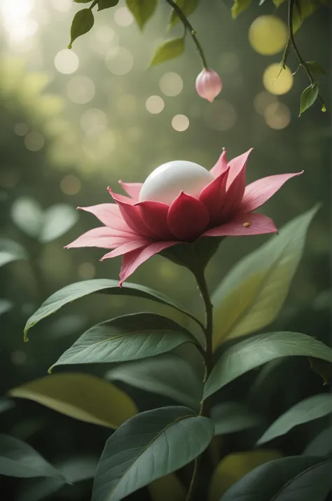 there is a pink flower with a white egg on it