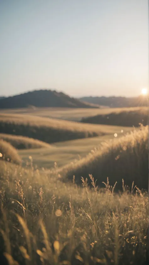 a close up of a field of grass with the sun setting in the background