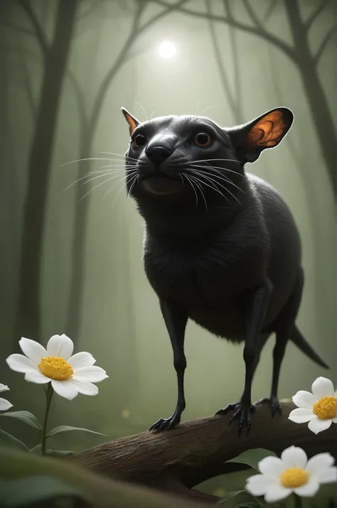 painting of a black cat standing on a log in a forest