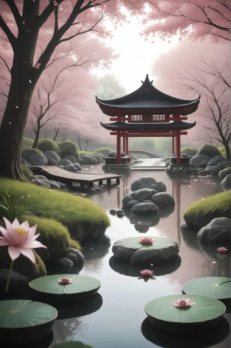 a close up of a painting of a pagoda and water lilies