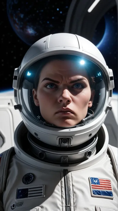 masterpiece, best quality, high quality, highly detailed, a detailed portrait, solo, (female astronaut, futuristic), (determined...