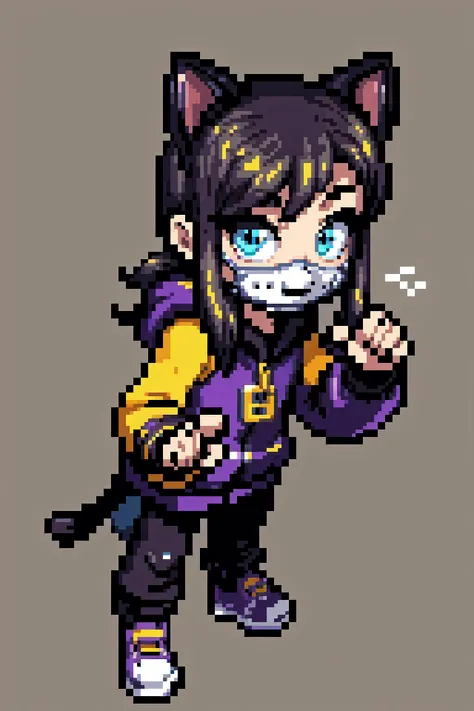 thick outlines, comics, photorealistic, perfect hands, masterpiece:1.2, colorful, 1girl, solo, <lora:Hat:0.7>, hknya, purple hoodie, yellow sleeves, black pants, cat ears, sneakers, face mask, detailed background, night, dark, neon, metro, black cats, shad...