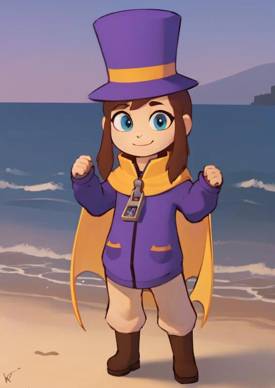 (masterpiece, best quality:1.2), extremely detailed, soft ambient lighting, sharp focus, 4K, BREAK <lora:Hat:0.8>, solo, 1girl, hkdef, purple dress, white pants, boots, top hat, yellow cape, zipper pull tab, BREAK outdoors, seaside town, looking at viewer,...