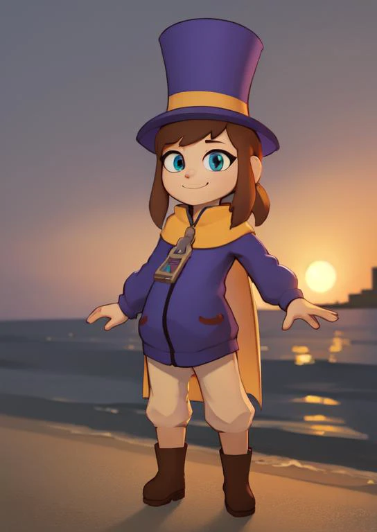 (masterpiece, best quality:1.2), extremely detailed, soft ambient lighting, sharp focus, 4K, BREAK <lora:Hat:0.8>, solo, 1girl, hkdef, purple dress, white pants, boots, top hat, yellow cape, zipper pull tab, BREAK outdoors, seaside town, looking at viewer,...