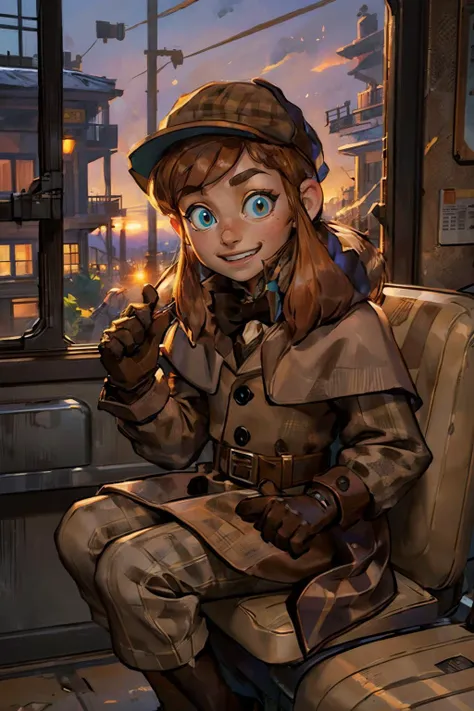 hkdet, detective, deerstalker, brown cape, black footwear, brown gloves, black belt, brown bowtie, pants, looking at viewer, smiling, happy, teeth, sitting, on booth seat, inside train, window, sunset, dusk, high quality, masterpiece, <lora:Hat-10:.8>