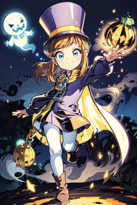 thick outlines, comics, photorealistic, perfect hands, masterpiece:1.2, colorful, 1girl, solo, <lora:Hat:0.7>, hkdef, purple dress, white pants, brown boots, top hat, yellow cape, zipper pull tab, detailed background, night, dark, halloween, ghost, black t...