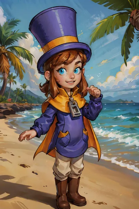 hkdef, blue eyes, brown hair, purple dress, white pants, boots, top hat, yellow cape, zipper, looking at viewer, smiling, standing, outside, beach, ocean, palm trees, blue sky, high quality, masterpiece, <lora:Hat-10:.8>