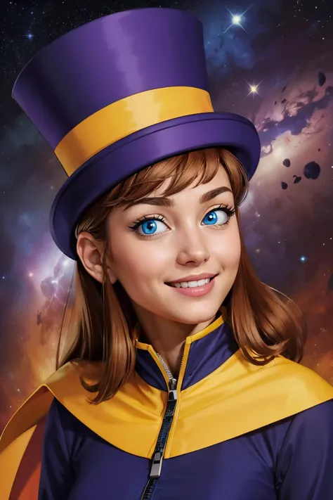 hkdef, blue eyes, brown hair, purple dress, top hat, yellow cape, zipper, looking at viewer, smiling, close up portrait, space and stars background, high quality, masterpiece, <lora:Hat-10:.6>