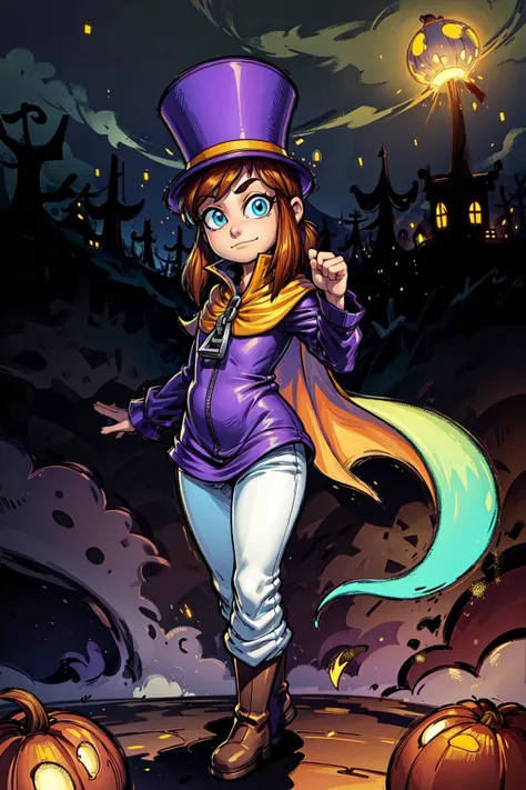 thick outlines, comics, photorealistic, perfect hands, masterpiece:1.2, colorful, night, dark, halloween, ghost, trees, mist, shadows, manor, mushrooms, pumpkin, ghost, 1girl, solo, <lora:Hat:0.7>, hkdef, purple dress, white pants, brown boots, top hat, ye...