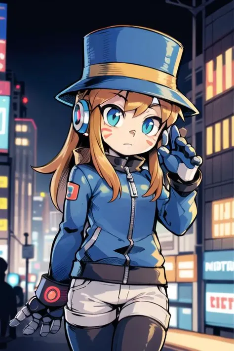 <lora:aHatInTimeHatKid_v10:0.6> hat kid, (robot, android:1.2), sci-fi, neon, prosthetic arm, joints, facial mark, cyberpunk, city, leather jacket, megaman, helmet