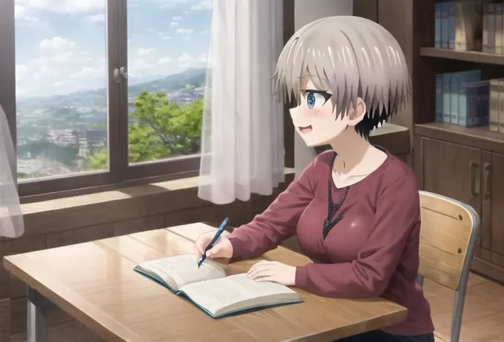 best quality , masterpiece, 1girl, solo ,hana_uzaki_10000 both hands on a table while one hand is holding a pen, looking out of the window to a beautiful landscape view , red shirt, books, wooden table , study room, framed pictures on the wall, day time, s...